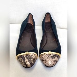 Tory Burch  size 5 Pacey Driver Black Suede Snakeskin Cap Toe Ballet Flats Shoes